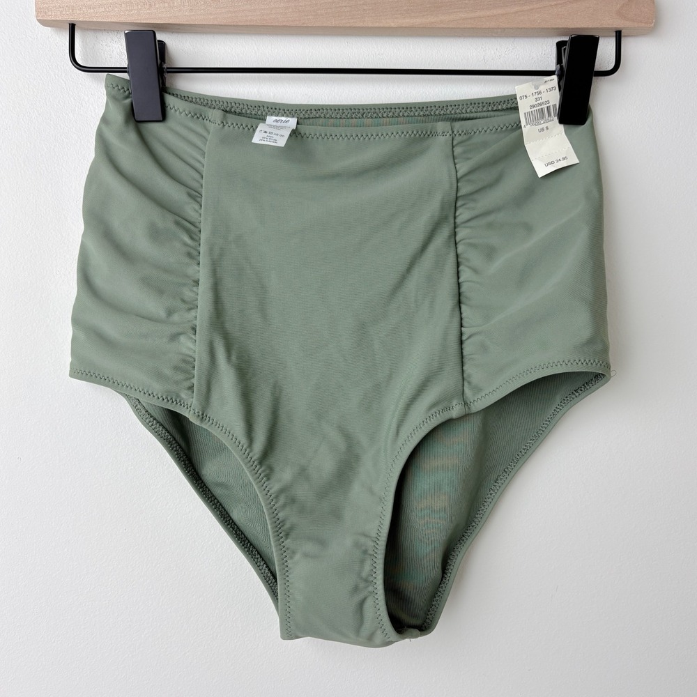 NEW Aerie High Waisted Bikini Bottom S Olive Green Full Coverage 1756-1373 / 331